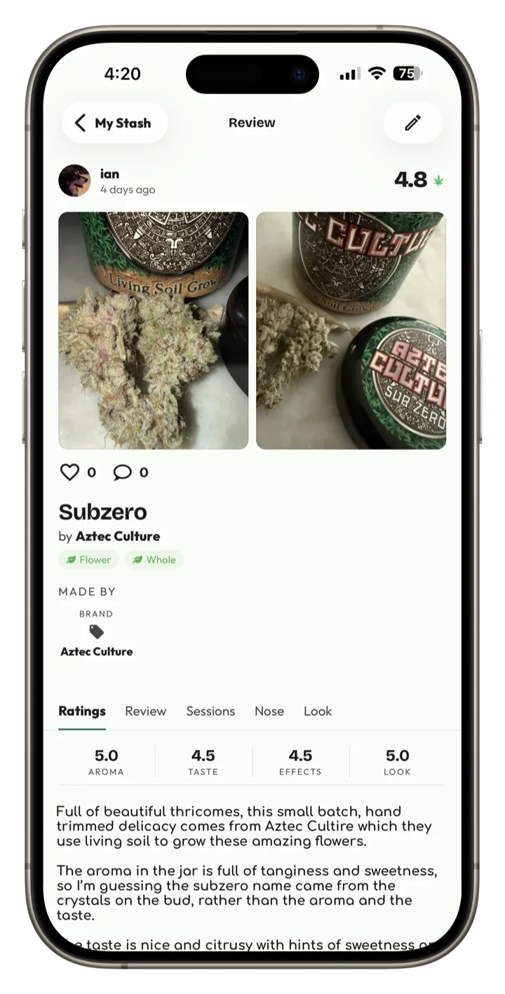 A review with photos and ratings for aroma, taste, effects and look